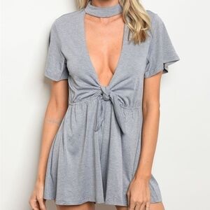 NWT Womens Gray Deep V-Neck Choker Jersey Romper Sexy Night Out Clubwear Style